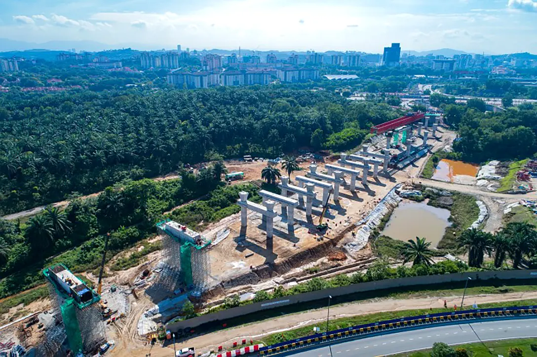 Aerial view of segmental box girder launching at the Cyberjaya City Centre MRT Station site